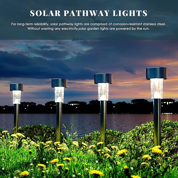 Solpex 16 Pack Solar Lights Outdoor Pathway,Solar Walkway Lights Outdoor,Garden Led Lights for Landscape/Patio/Lawn/Yard/Driveway-Cold White (Stainless Steel) (Warm White) - Image 5