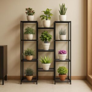 ecofynd Plantica Shelf Plant Stands for Outdoor Balcony, Flower Pot Stand for Indoor Plants, Large Metal Planter Stand for Living Room, home decor, Indoor & Outdoor plants, 11 Tier, (Black)