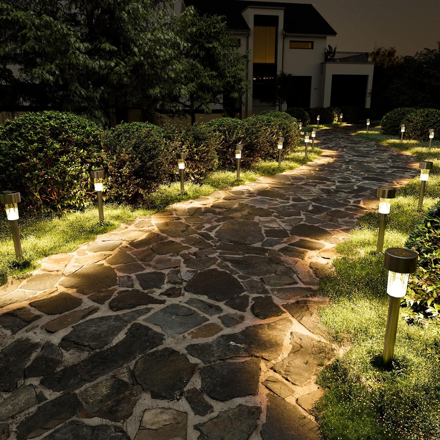 Solpex 16 Pack Solar Lights Outdoor Pathway,Solar Walkway Lights Outdoor,Garden Led Lights for Landscape/Patio/Lawn/Yard/Driveway-Cold White (Stainless Steel) (Warm White)